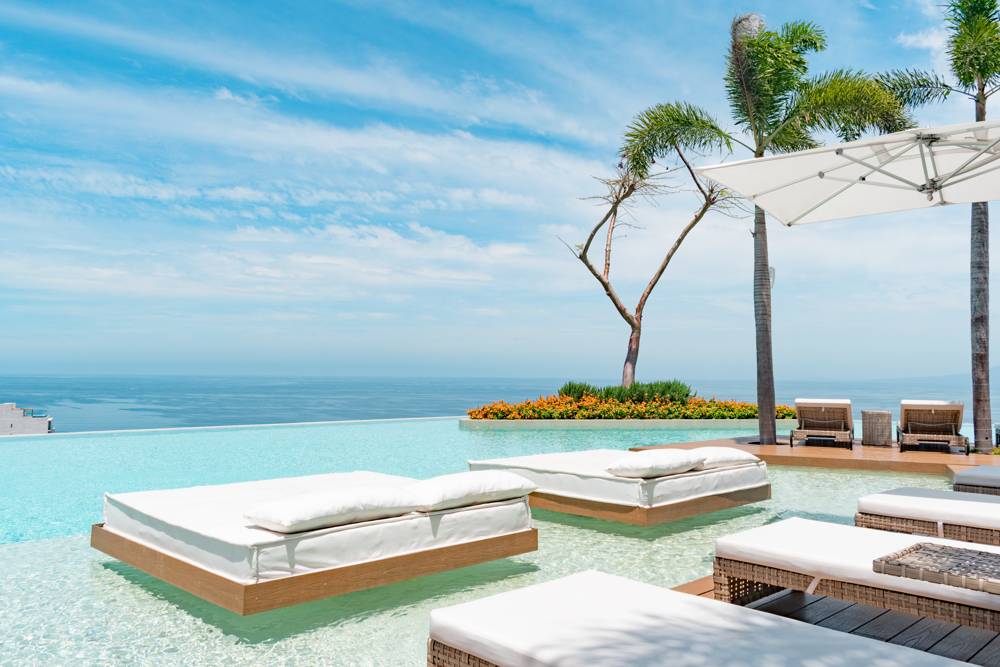 Sun beds set in the water
